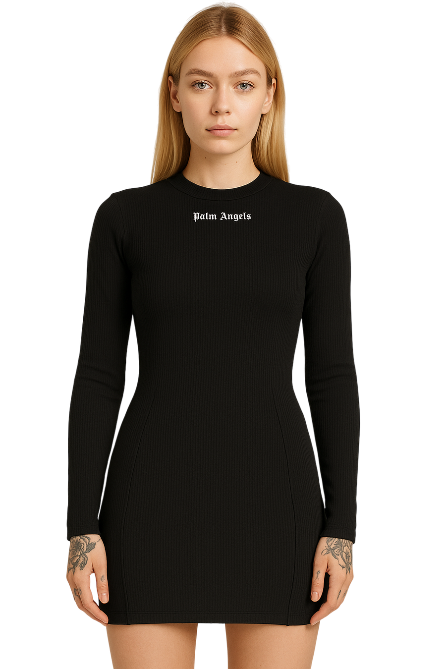 Palm Angels Black Ribbed Long Sleeve Bodycon Mini Dress