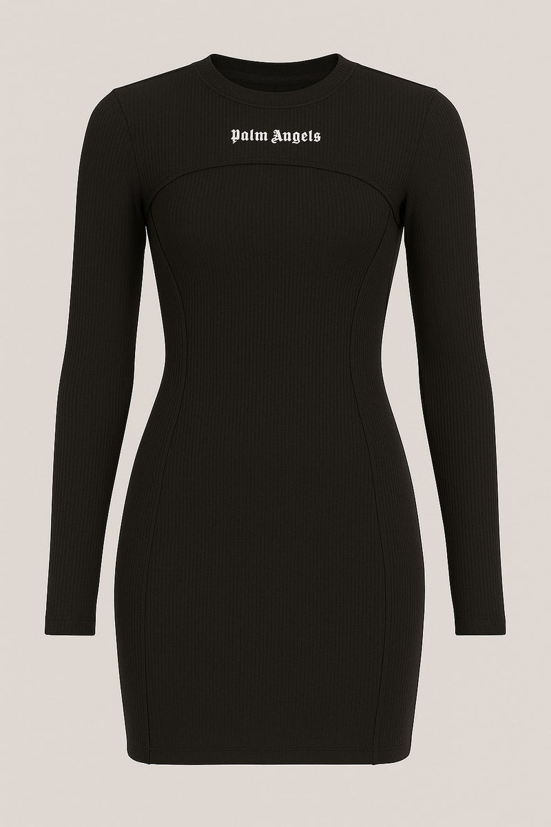 Palm Angels Black Ribbed Long Sleeve Bodycon Mini Dress