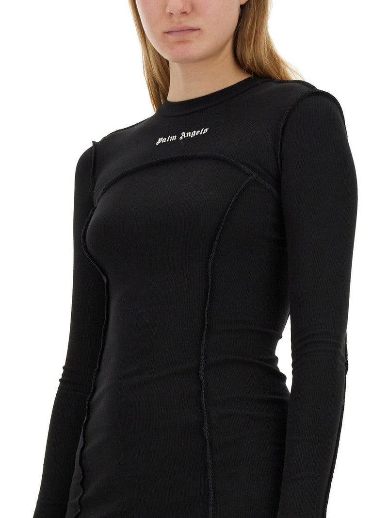 Palm Angels Black Ribbed Long Sleeve Bodycon Mini Dress