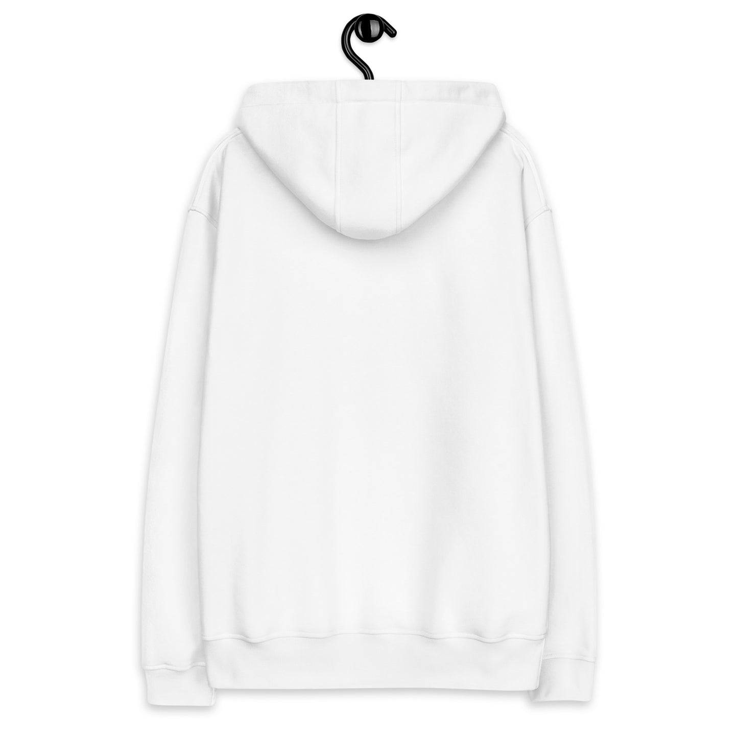 White hooded sweatshirt on a hanger, Premium Eco Essential Hoodie display