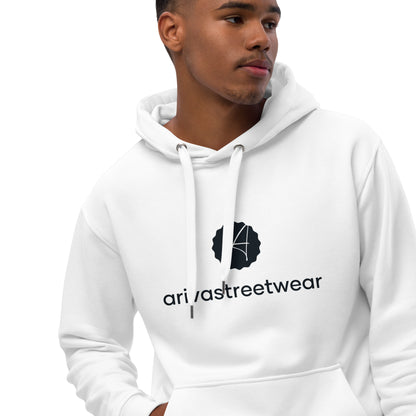 White hooded sweatshirt from Premium Eco Essential Hoodie collection for sustainable fashion