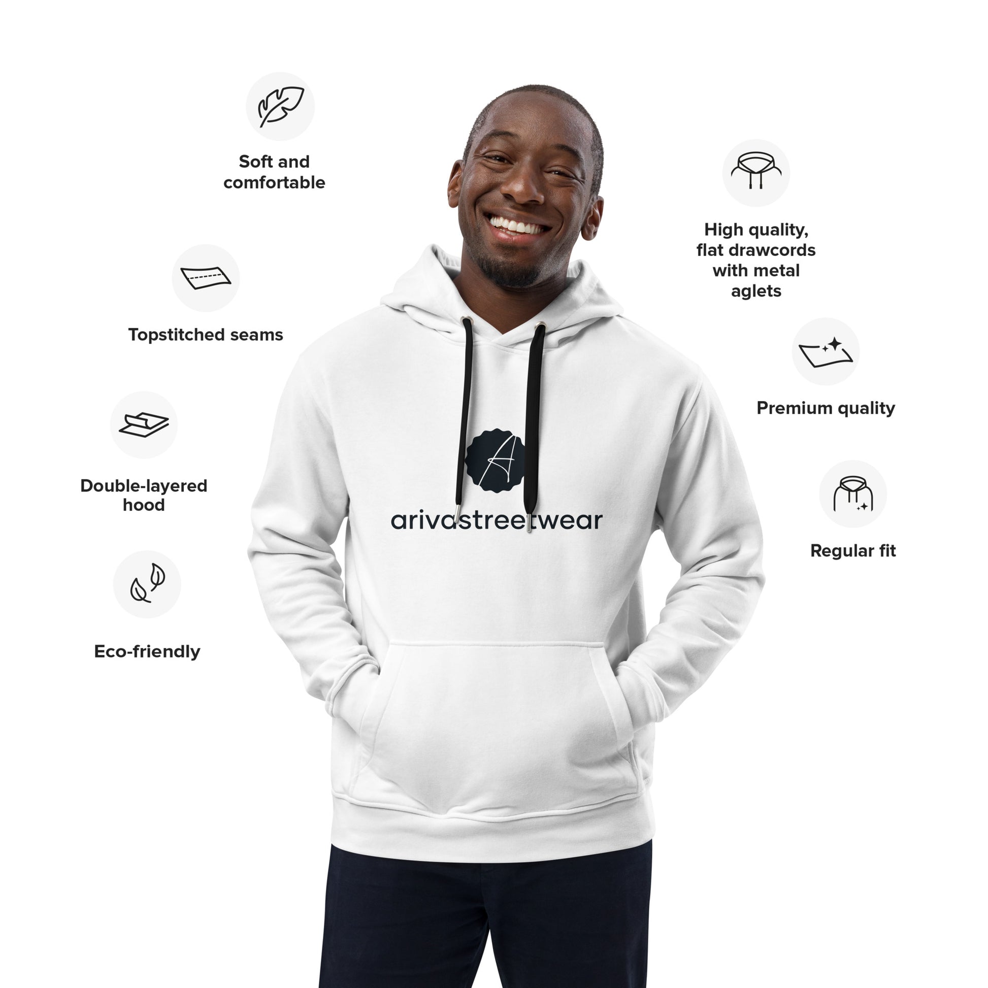 Premium Eco Essential Hoodie featuring a white design with black drawstrings