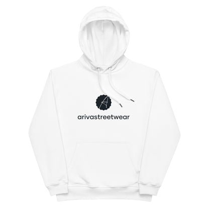 White Premium Eco Essential Hoodie featuring a stylish logo design