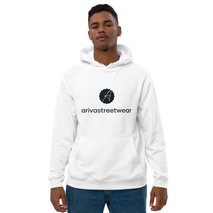 White Premium Eco Essential Hoodie featuring a stylish logo design