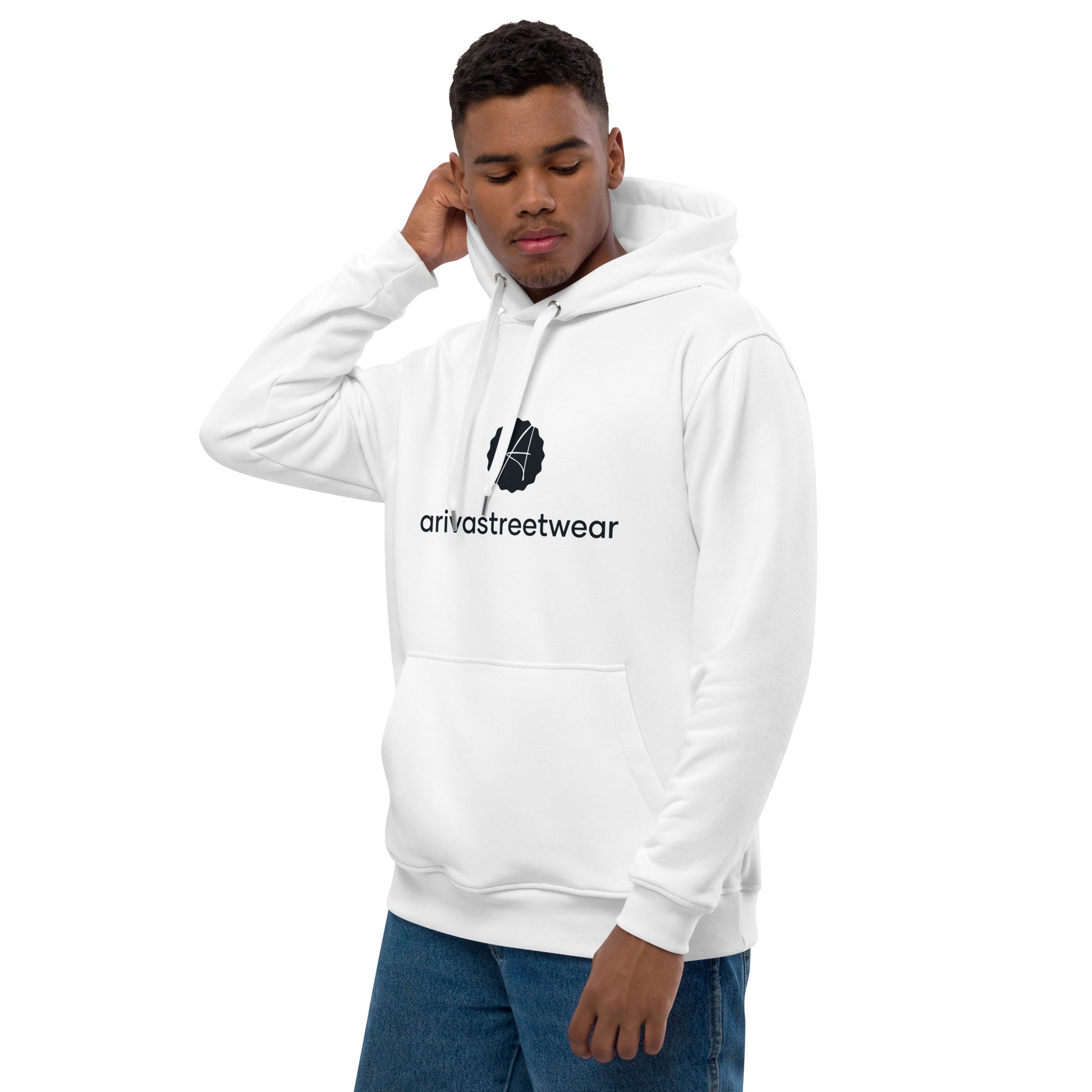 Premium Eco Essential Hoodie featuring a stylish logo on a white background