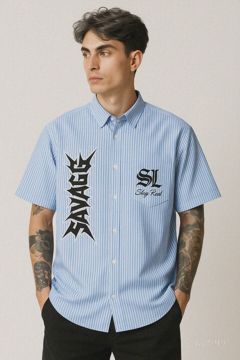 Savage Stay Real Striped Streetwear Shirt - BLUE