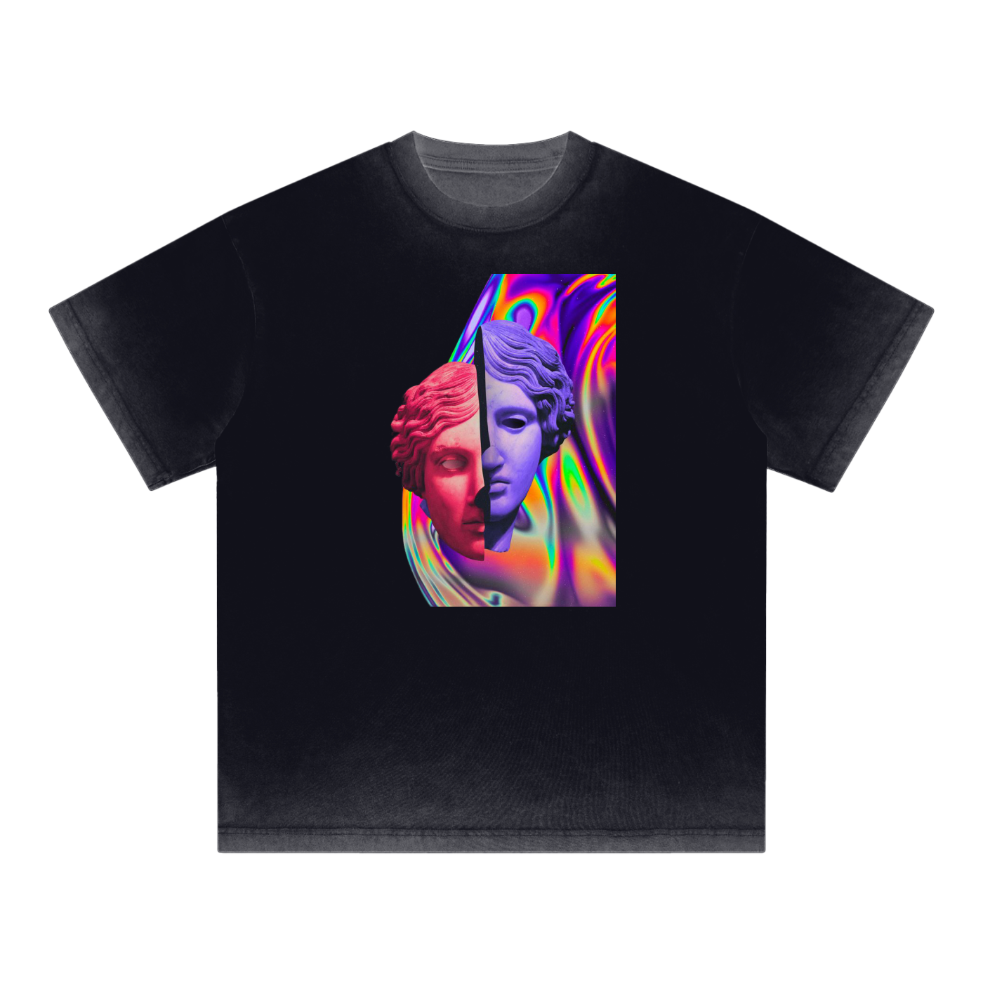 Psychedelic reverse dye T-shirt featuring a colorful surreal graphic design with a classical statue face. Vintage-style streetwear, in front view.