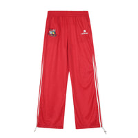 Red Retro Track Pants featuring white stripes for a sporty look and comfortable fit