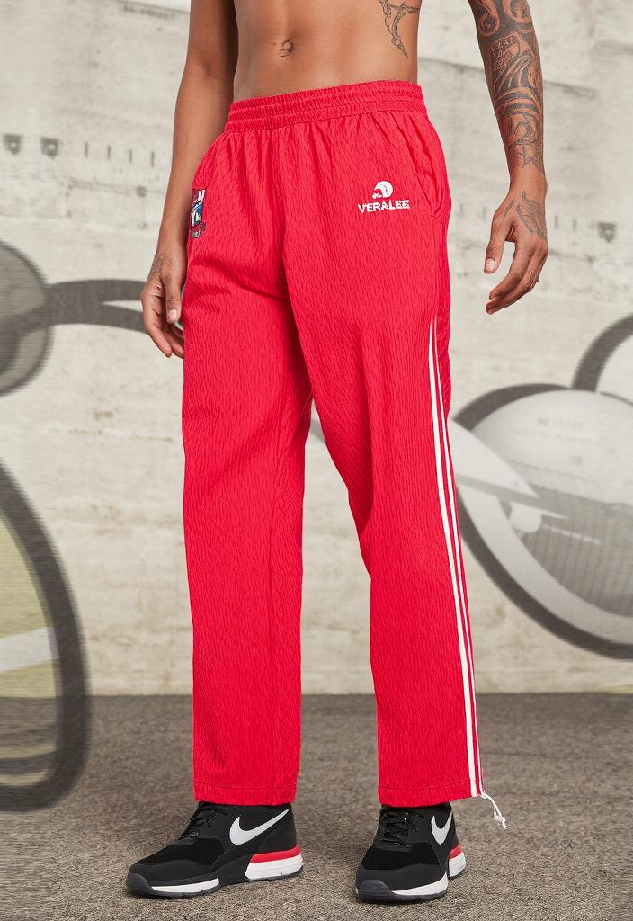 Red Retro Track Pants featuring white stripes for a stylish athletic look