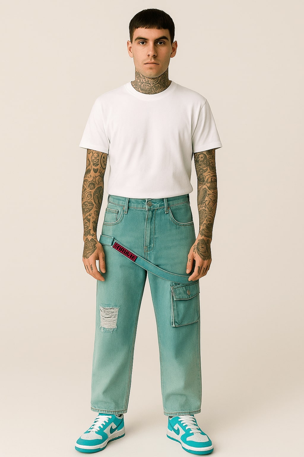 ripped baggy teal-cargo jeans green