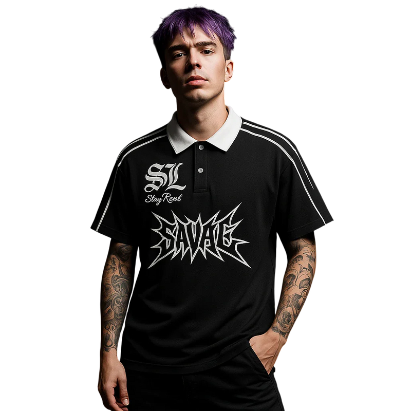 Savage Stay Real Contrast Streetwear Polo - BLACK