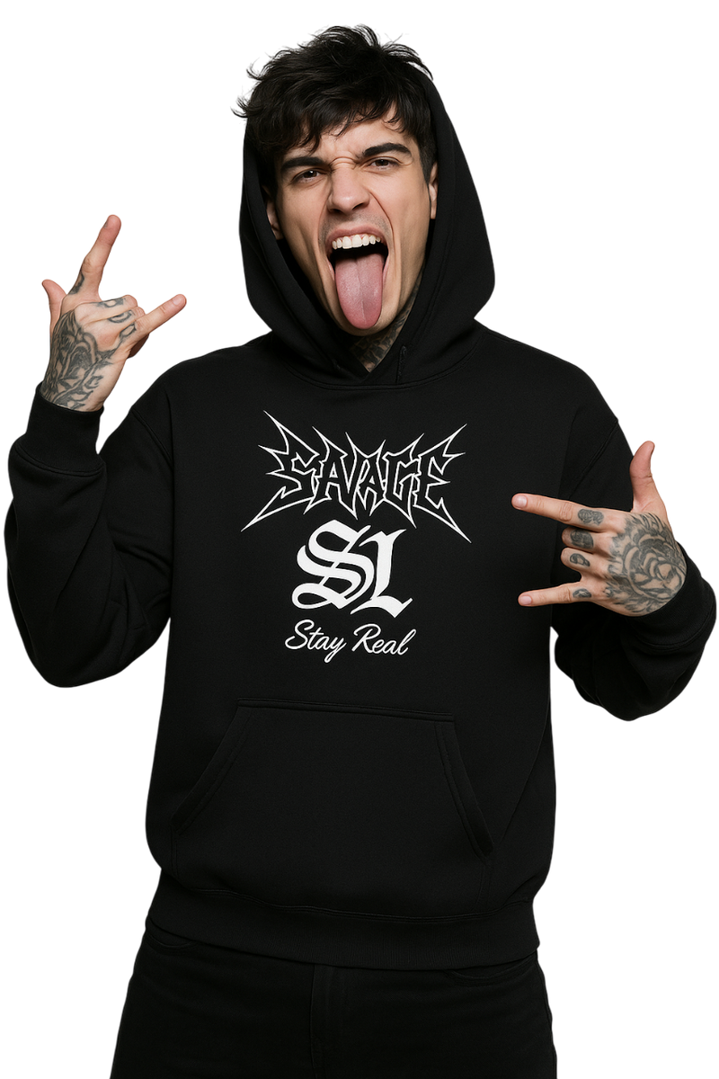 Savage Stay Real Oversized Graphic Hoodie - BLACK