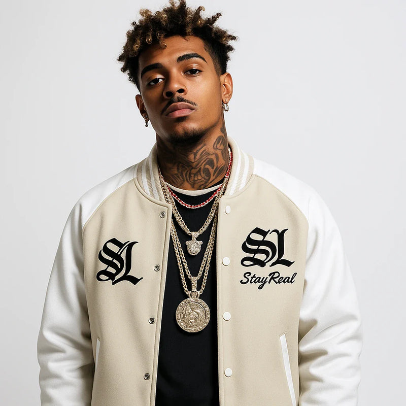Stay Real “Savage” Varsity Bomber Jacket - BEIGE