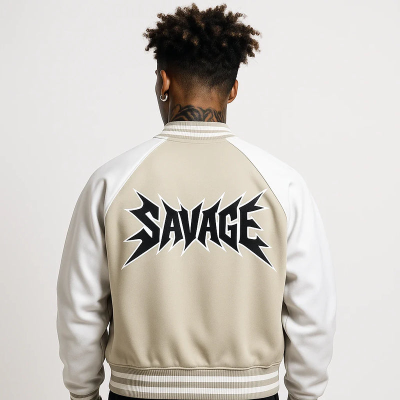 Stay Real “Savage” Varsity Bomber Jacket - BEIGE