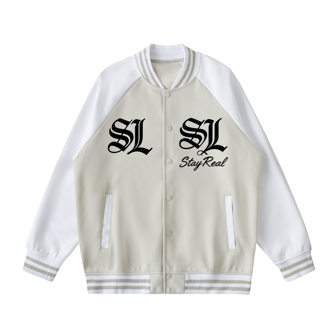 Stay Real “Savage” Varsity Bomber Jacket BEIGE Beige Camel with White / 2XS