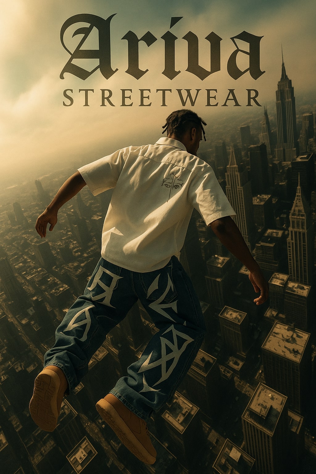 Person in streetwear clothing on a cityscape with 'Ariva Streetwear' branding.