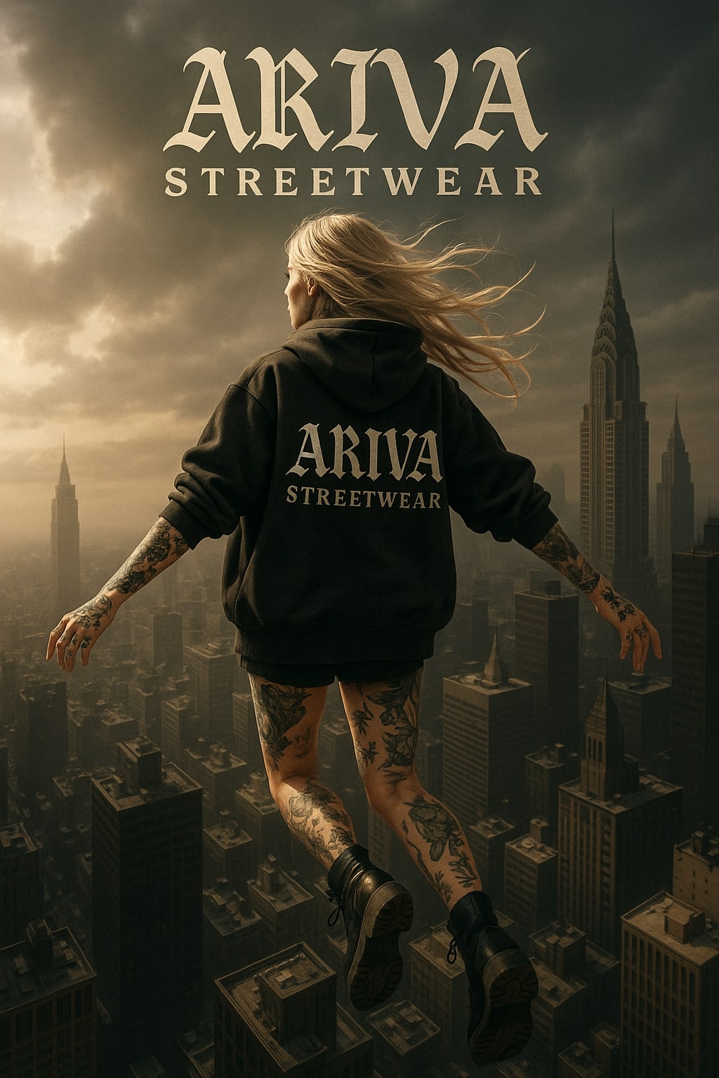 Person wearing an 'ARIVA STREETWEAR' hoodie with a cityscape background
