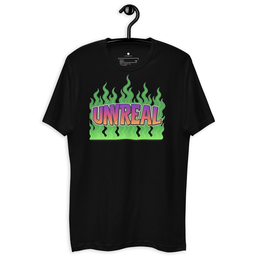 Black t-shirt with ’UNREAL’ graphic.