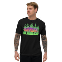Black t-shirt with ’Unreal’ graphic.