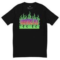 Black t-shirt with ’UNREAL’ graphic.