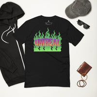 Black t-shirt with ’Unreal’ graphic.