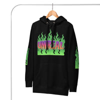 Black hoodie with ’UNREAL’ in flames.