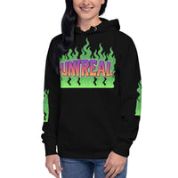 Black hoodie with ’Unreal’ graphic.