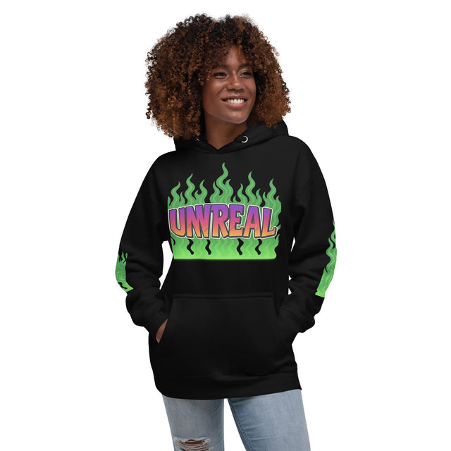 Black hoodie with ’Unreal’ graphic.