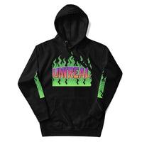 Black hoodie with ’Unreal’ graphic.