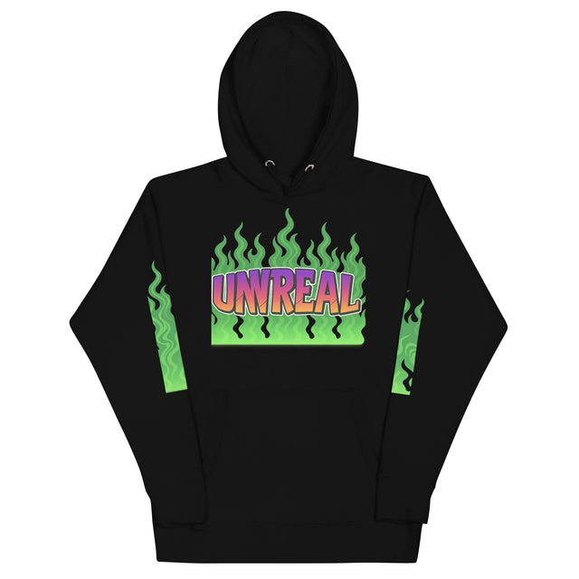Black hoodie with ’Unreal’ graphic.