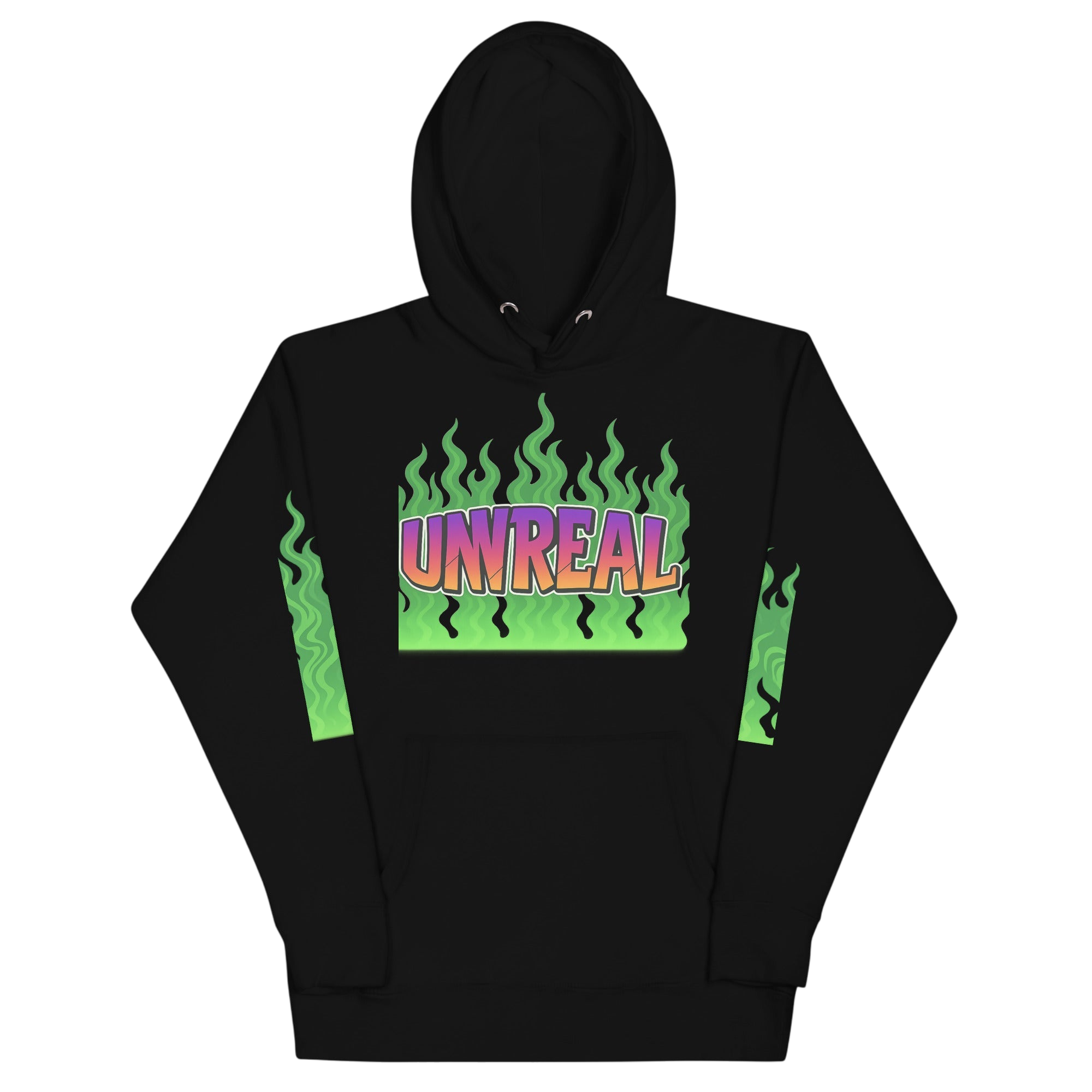 Black hoodie with ’Unreal’ graphic.