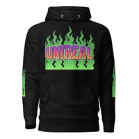 Black hoodie with ’Unreal’ graphic.