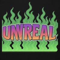 Unreal’ text with green flame background.