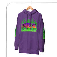 Purple hoodie with ’UNREAL’ graphic.