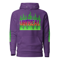 Purple hoodie with ’Unreal’ graphic.