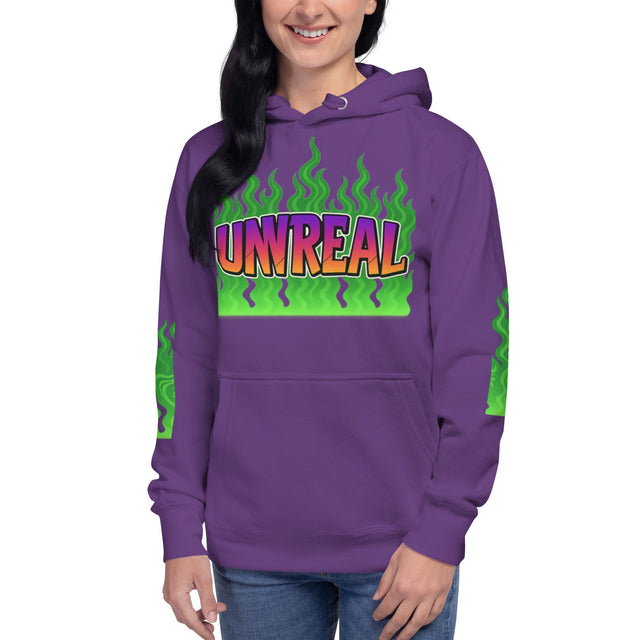 Purple hoodie with ’Unreal’ graphic.