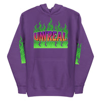 Purple hoodie with ’Unreal’ graphic.
