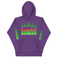 Purple hoodie with ’UNREAL’ graphic.