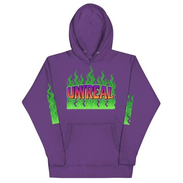Purple hoodie with ’UNREAL’ graphic.
