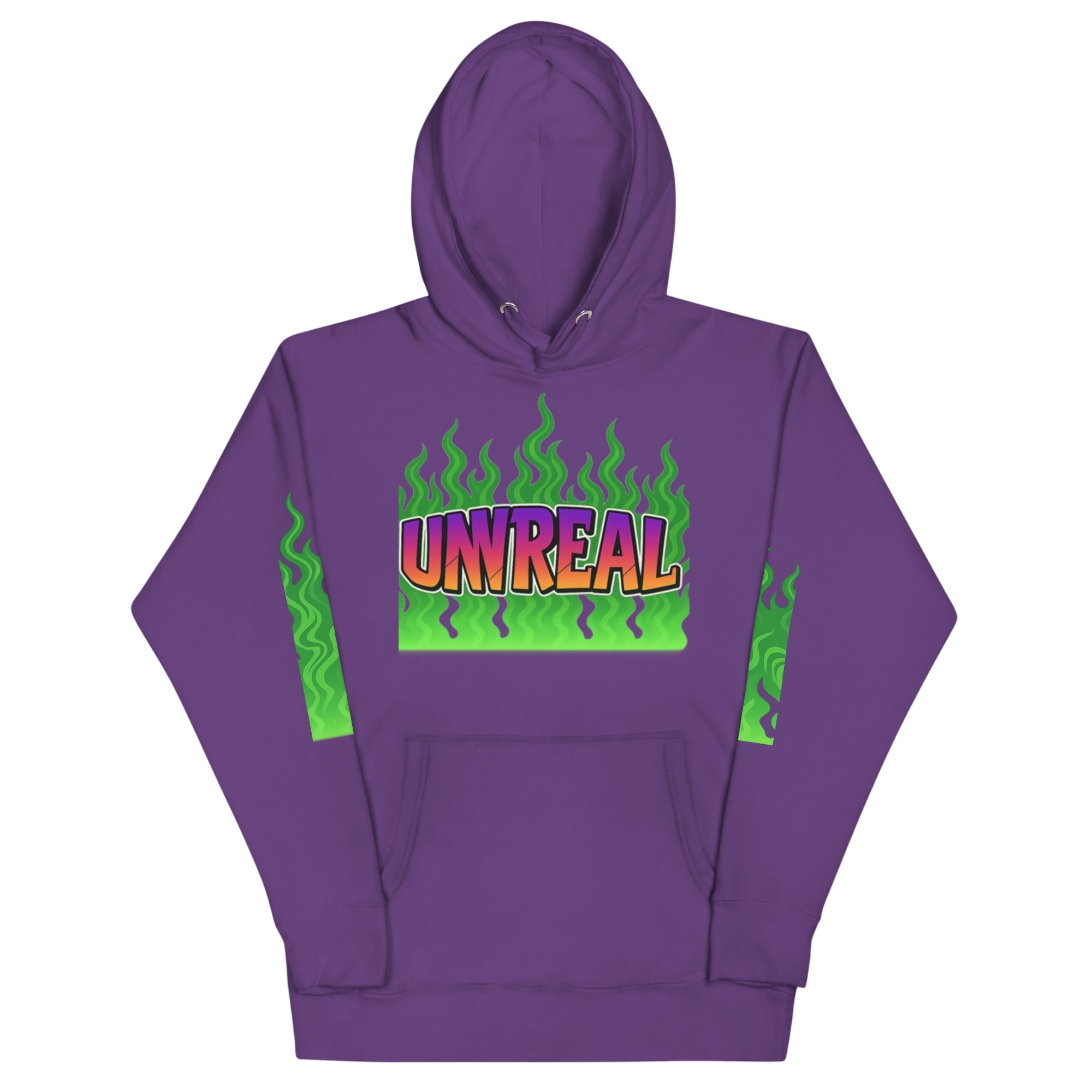Purple hoodie with ’UNREAL’ graphic.