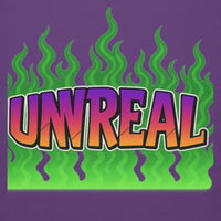 Unreal’ text with green flame background.