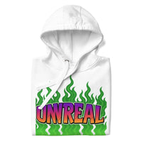 Folded white hoodie with ’UNREAL’ graphic.
