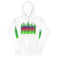 White hoodie with ’UNREAL’ graphic.