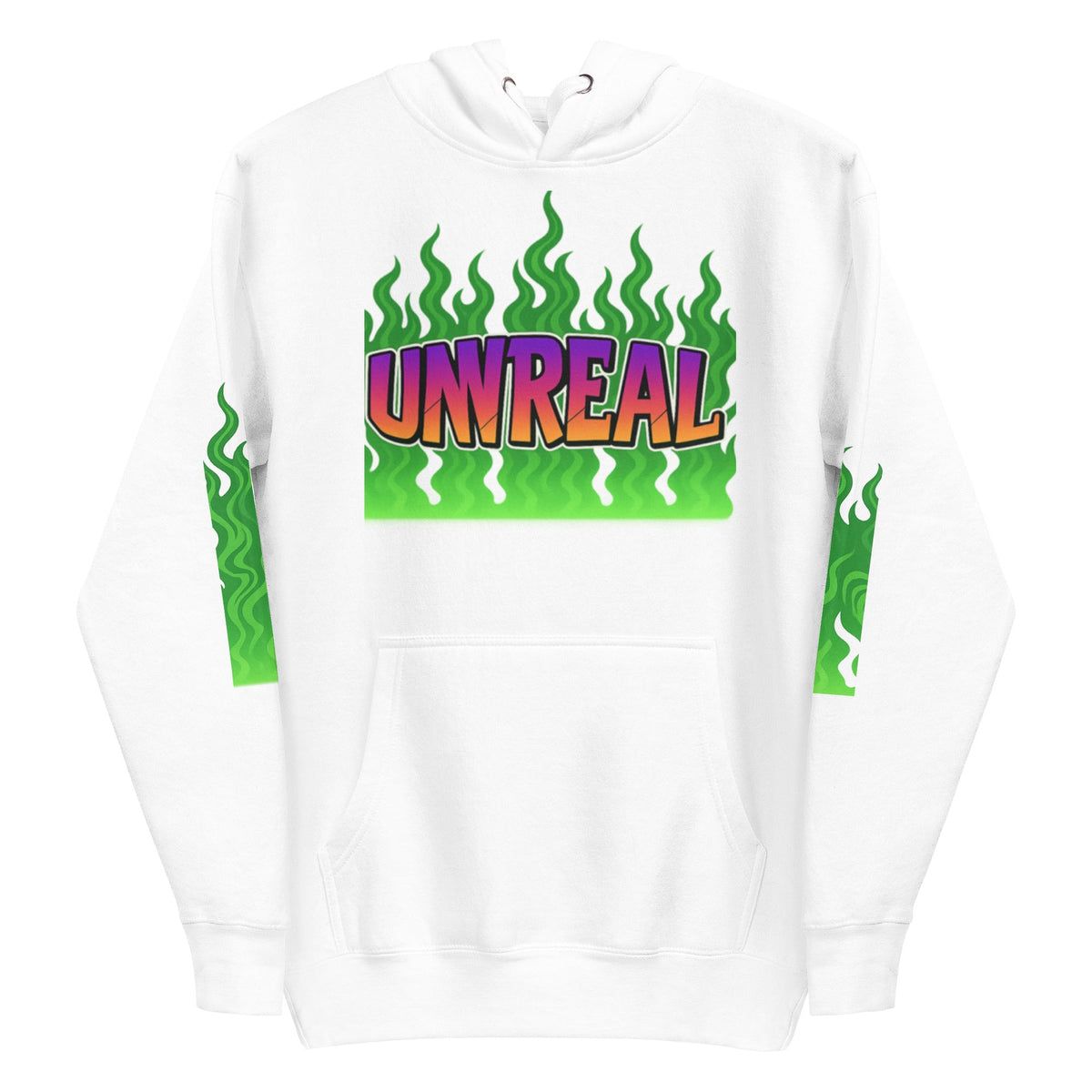 White hoodie with ’UNREAL’ graphic.