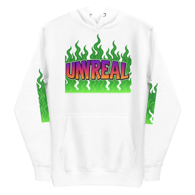 White hoodie with ’UNREAL’ graphic.