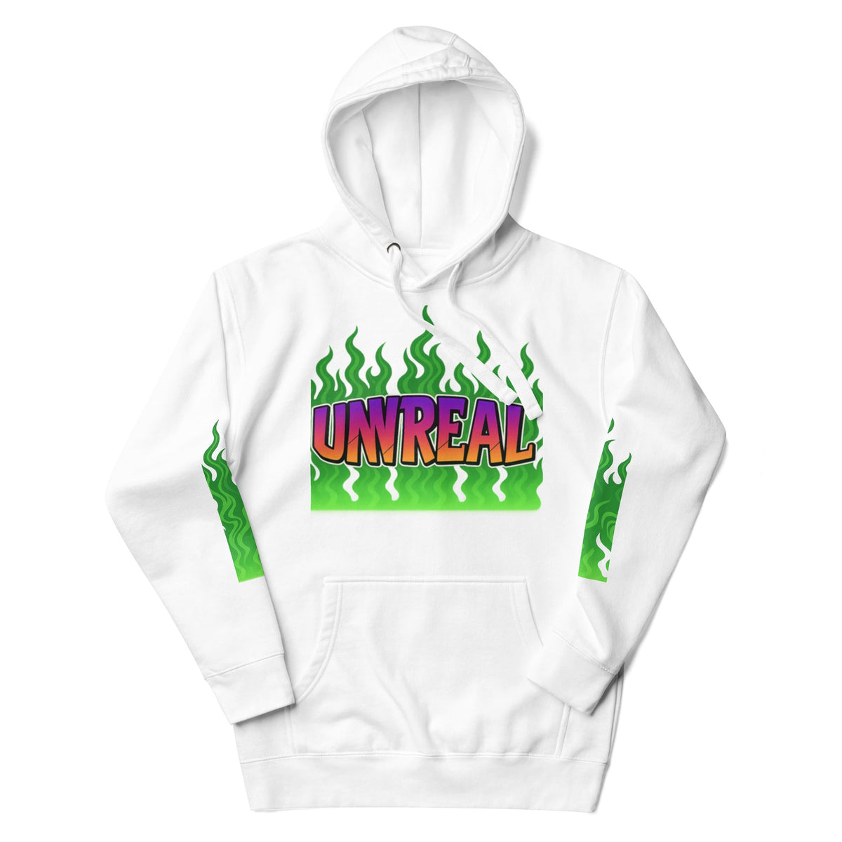 White hoodie with ’UNREAL’ graphic.
