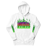 White hoodie with ’UNREAL’ graphic.