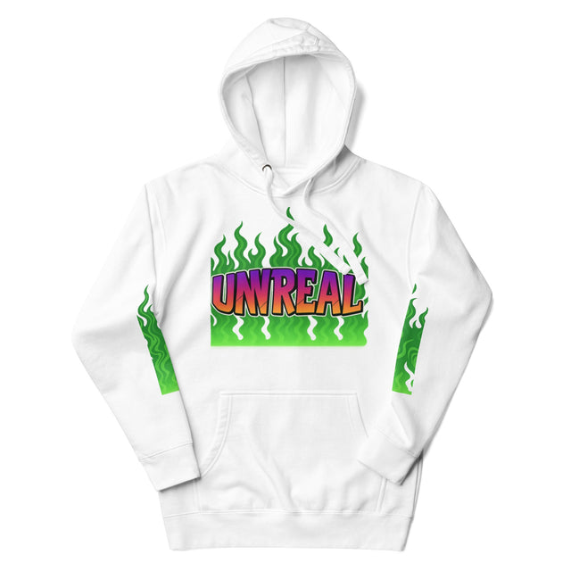 White hoodie with ’UNREAL’ graphic.