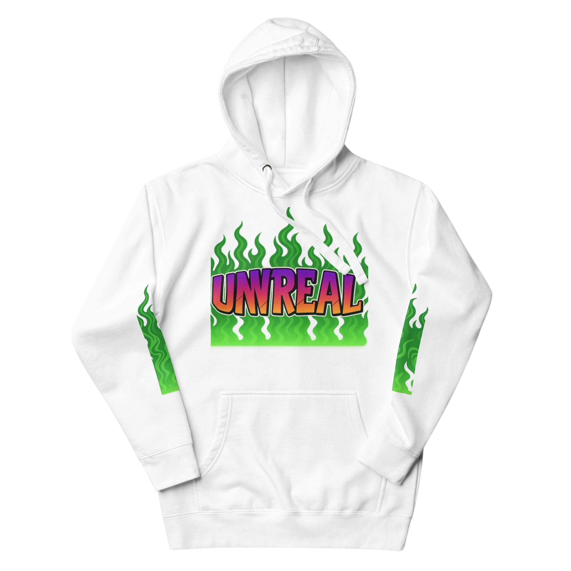 White hoodie with ’UNREAL’ graphic.