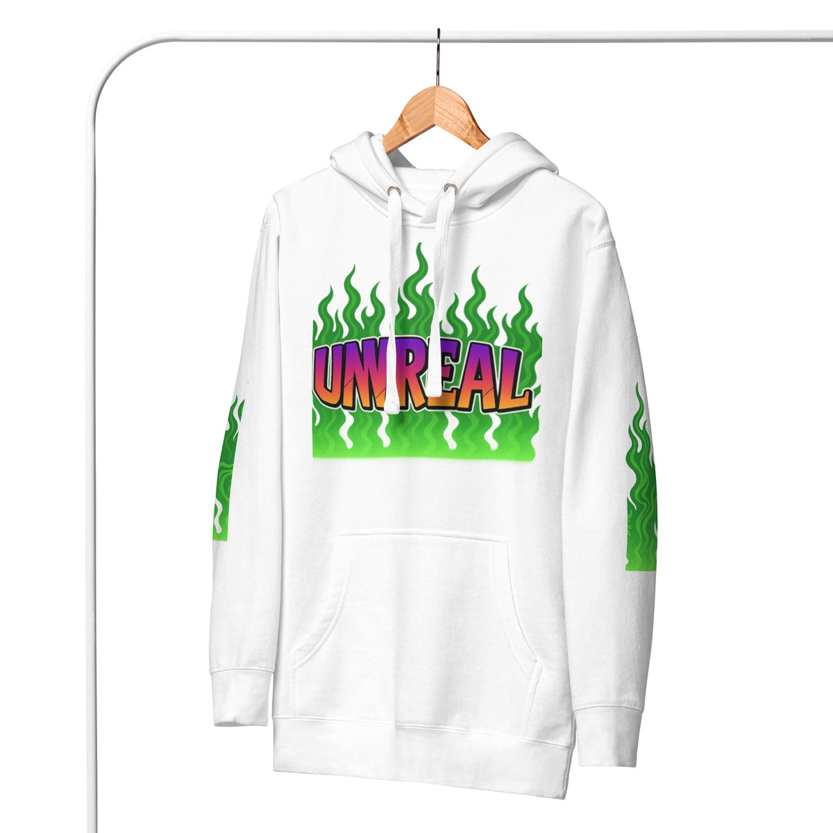 White hoodie with ’UNREAL’ graphic.